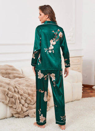 Set pigiama in raso con bordature a contrasto con stampa floreale, pigiama da donna e pigiama con bottoni e pantaloni con risvolto