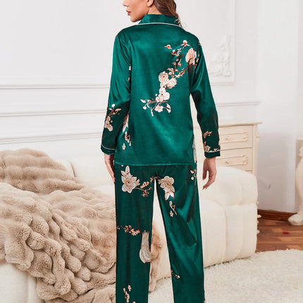 Set pigiama in raso con bordature a contrasto con stampa floreale, pigiama da donna e pigiama con bottoni e pantaloni con risvolto