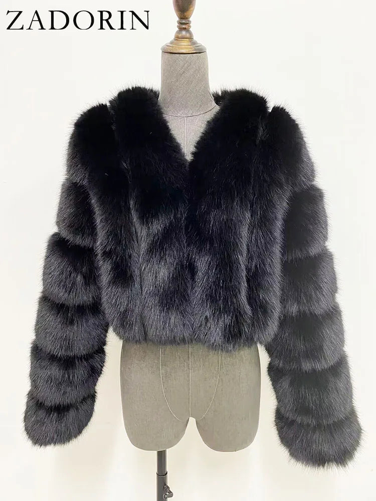 ZADORIN Luxury Cropped White Faux Fox Fur Coat Woman Clothing V Neck Long Sleeve Winter Fluffy Faux Fur Jacket Fur Coats Woman