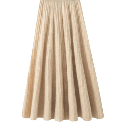 Women A-Line Pleated Skirt Cashmere High Waist Autumn Winter Large Umbrella Skirt 100% Cashmere Knitted Office Lady Casual Dress PlatiNum