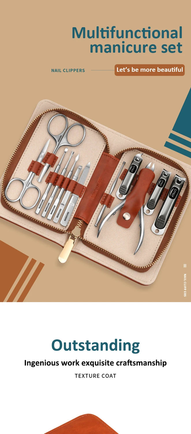 Stainless Steel Manicure 12 Pcs Set Pedicure Tool Portable Nail Clipper Kit with Storage Bag Beauty Grooming Tools