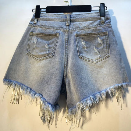 Short en jean pour femme Jeans déchirés à trous avec glands Diamants Sexy délavés effet usé Taille haute Streetwear 2025 Pantalons courts droits