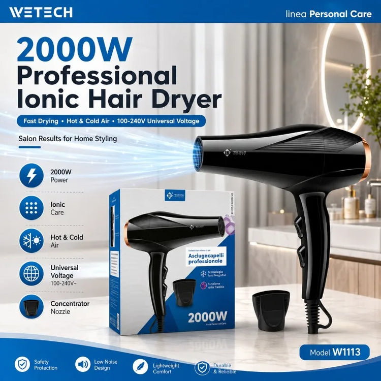 Professional 2000W Ionic Hair Dryer 100‑240V Universal Voltage Blow Dryer Fast Drying With Nozzle Hot Cold Air For Home Salon Hair Styling