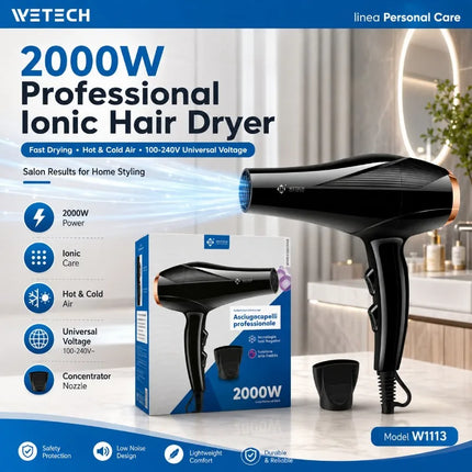Professional 2000W Ionic Hair Dryer 100‑240V Universal Voltage Blow Dryer Fast Drying With Nozzle Hot Cold Air For Home Salon Hair Styling