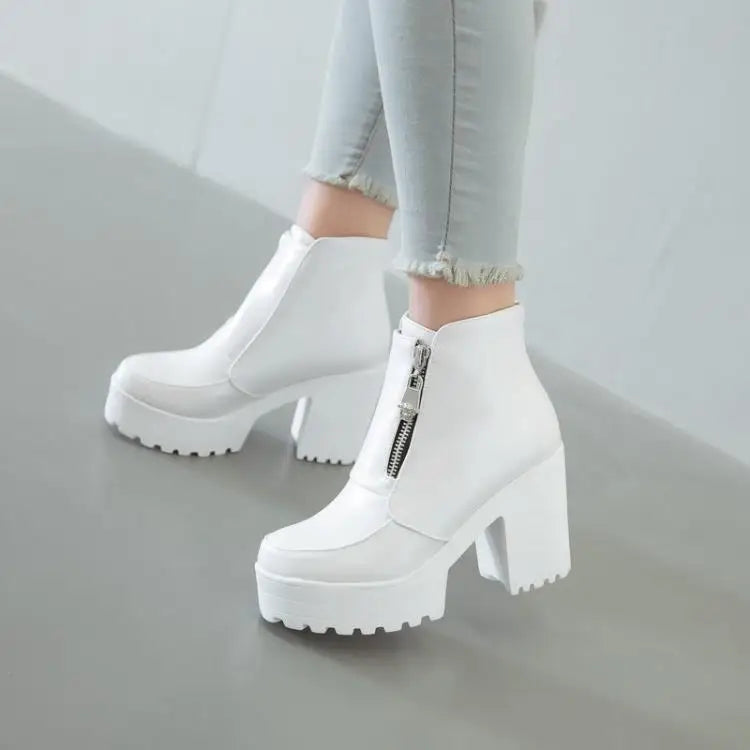 Black White Platform Ankle Boots for Women High Heels Boots Ladies Zip Autumn Winter Booties Woman Boots Shoes Ladies Shoes