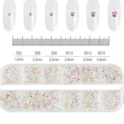 12 Grids Mixed Size Nail Rhinestones SS6 to SS30 Shiny Clear Gold Pink Blue Flat Back Glass Gems for DIY Nail Art Manicure Decoration Supply