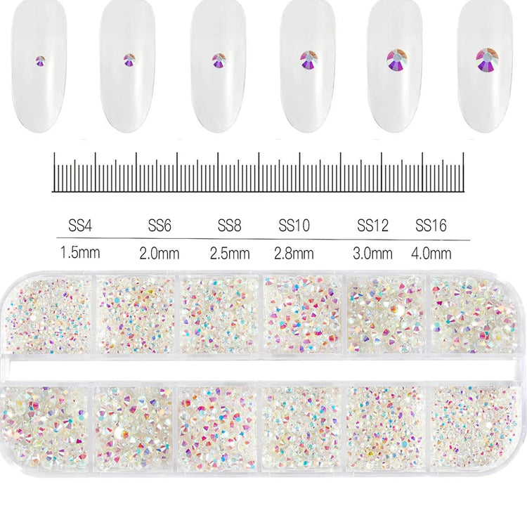 12 Grids Mixed Size Nail Rhinestones SS6 to SS30 Shiny Clear Gold Pink Blue Flat Back Glass Gems for DIY Nail Art Manicure Decoration Supply