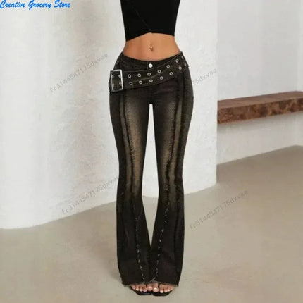 Women Vintage Washed Flare Jeans With Wide Belt Raw Hem Split Hem Seam Detail High Waist Slim Fit Denim Pants