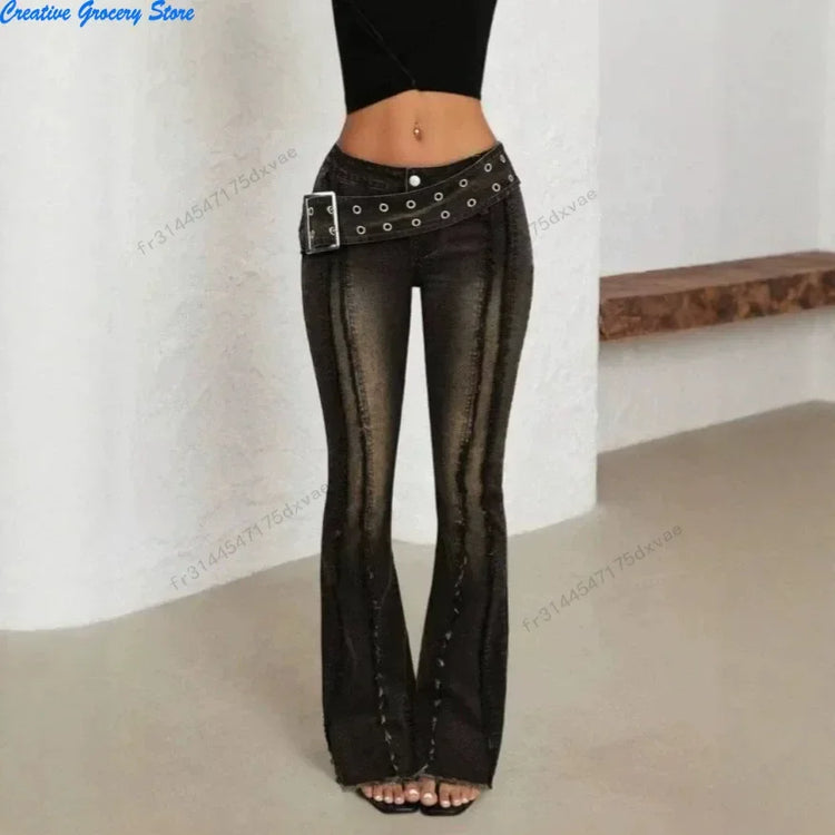 Women Vintage Washed Flare Jeans With Wide Belt Raw Hem Split Hem Seam Detail High Waist Slim Fit Denim Pants