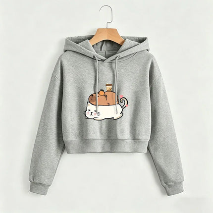 Kawaii Cat with Capybara Cropped Sweatshirt Crop Top Hoodie Y2k Sweatshirts Gothic Casual Style Clothes Pullover