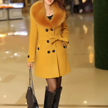 Mid Length Wool Coats Women Fur Collar Splice Blends Korean Full Sleeve Double Breasted Lace Up Belt Thick Warm Winter Jackets