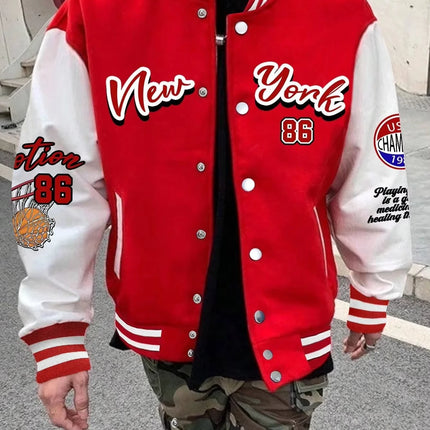 Summer Manfinity EMRG Oversized Men's Drop Shoulder Varsity Jacket with Letter Graphic Striped Trim and Colorblock Design
