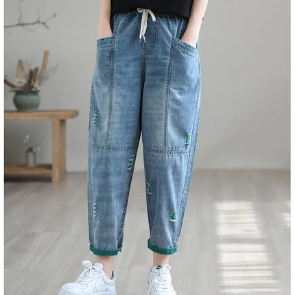 Jeans Strappati a Nove Punti da Donna, Nuovi Pantaloni Harem Casual Sottili con Vita Elastica, Lunghi alla Caviglia, in Denim, per l'Estate 2026