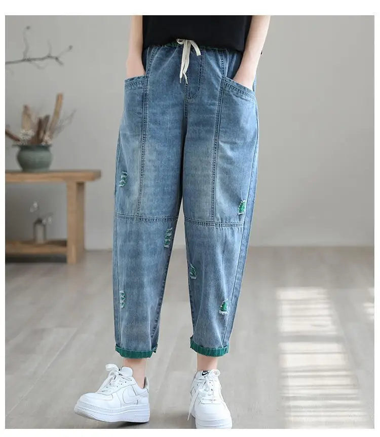 Jeans Strappati a Nove Punti da Donna, Nuovi Pantaloni Harem Casual Sottili con Vita Elastica, Lunghi alla Caviglia, in Denim, per l'Estate 2026