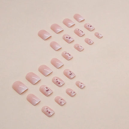 24Pcs Short Simple Gradient Flower Pattern Press‑On Nails Include 1 Jelly Glue And 1 Nail File Manicure Kit