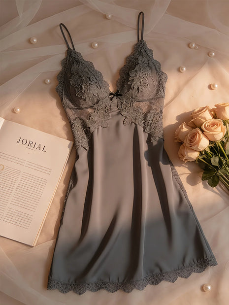 Camicia da Notte Sexy da Donna con Imbottitura sul Seno, in Raso e Pizzo, Scollo a V Profondo, Pigiama in Seta, Lingerie con Spalline, Abbigliamento per Casa