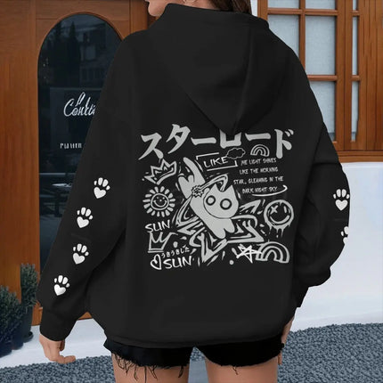 Japanese Style Cat Print Hoodies Women Men Harajuku Animal Streetwear Vintage Kitten Design Y2K Sudaderas
