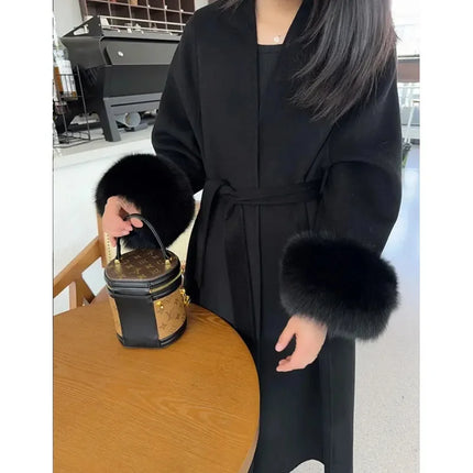 2025 New Spring Winter Warm Long Woolen Coat Women Elegant Warm Wool Blend Trench Coat With Belt Fashion Outerwear