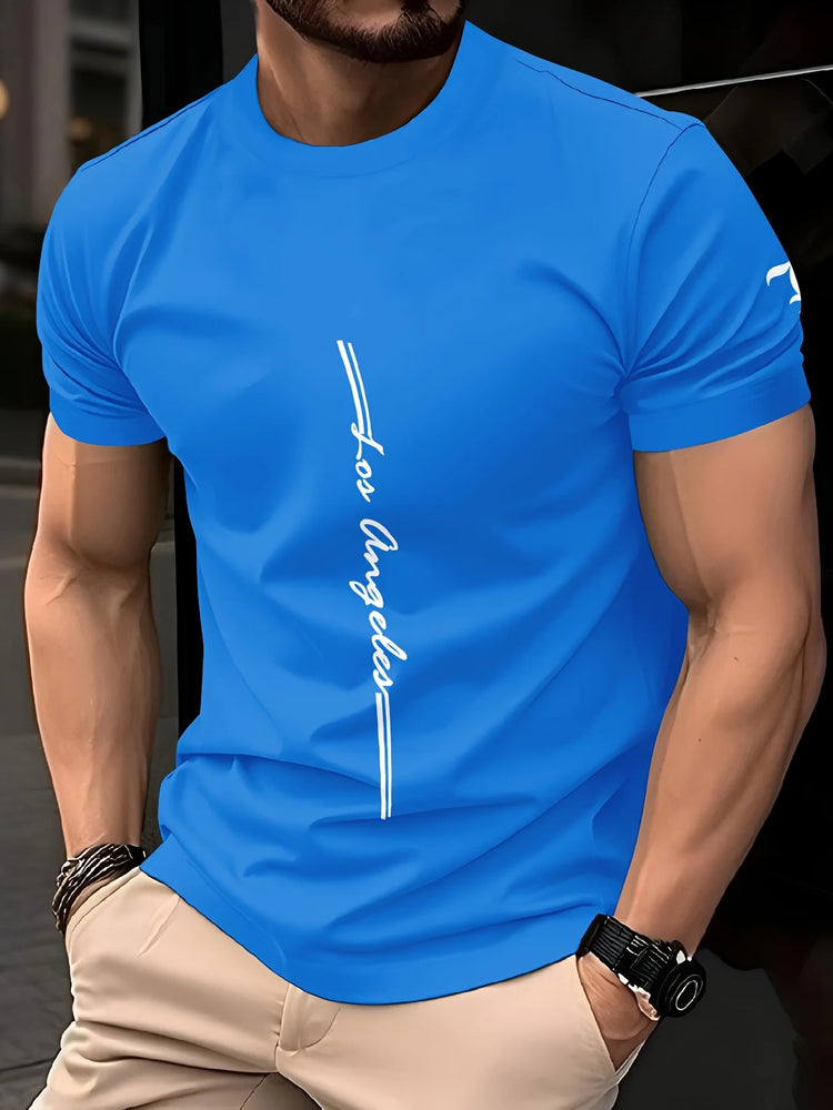 T-shirt da uomo girocollo da allenamento ampia e traspirante ad asciugatura rapida con motivo a lettere stampato sul tessuto durevole casual all'aperto
