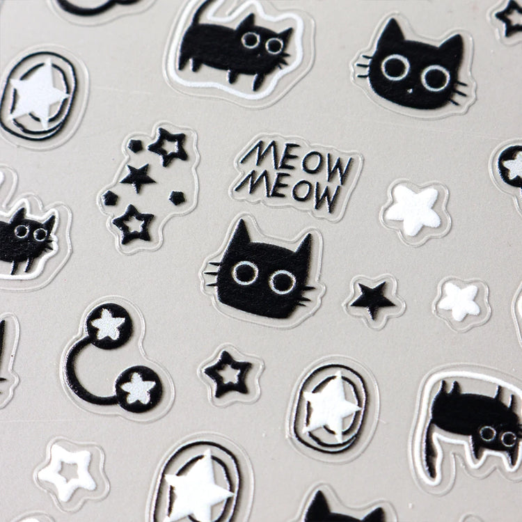 Cute Black Cat Nail Stickers Decals 5D Embossed Kawaii Cat Flowers Star Nail Art Decoration Cute Cartoon Sliders Summer Manicure