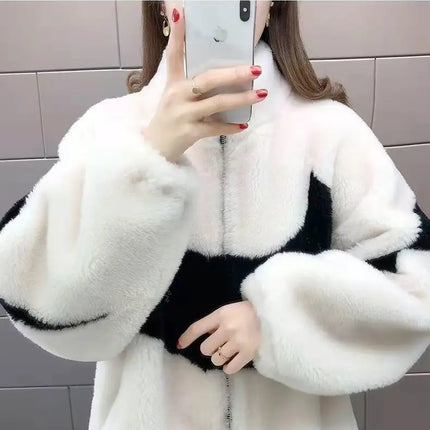 Warm Stand collar Faux fur Winter Jacket Female 2024 New Korean Loose Thick Lamb wool Coat Short Stitching Womens Parkas Outwear
