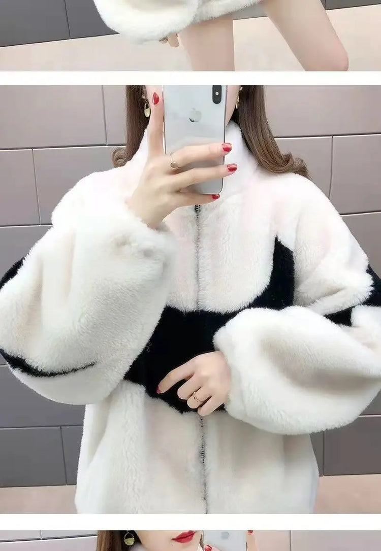 Warm Stand collar Faux fur Winter Jacket Female 2024 New Korean Loose Thick Lamb wool Coat Short Stitching Womens Parkas Outwear