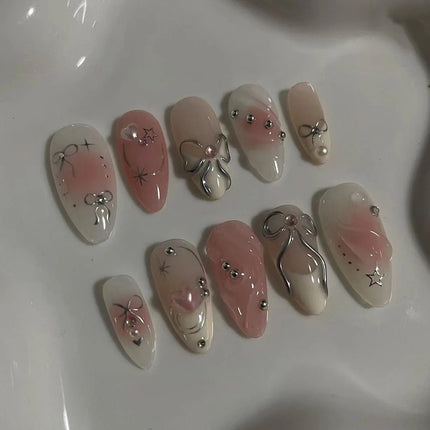 24pcs Sweet False Nail Patches Detachable Fake Nail Tips With Bowknots Love Heart Pearl Design Pink Almond Korean Press On Nail