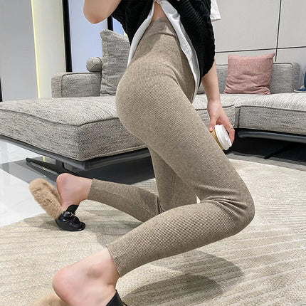 Autumn Winter Women Wool Thickening Leggings High Waist Ribbed Vertical Stripe Casual Knitted Leggings Warm Wear out Pantyhose PlatiNum