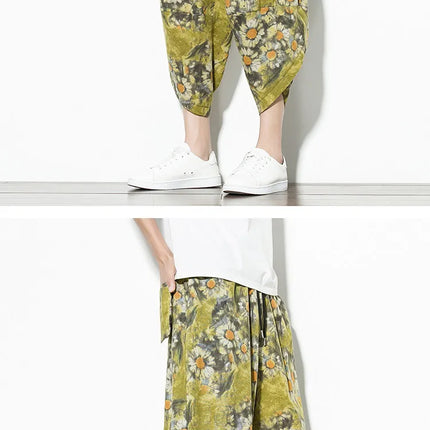 Pantaloncini Estivi Harajuku Larghi Stampati Traspiranti Casual a Lunghezza Polpaccio in Cotone Oversize da Uomo