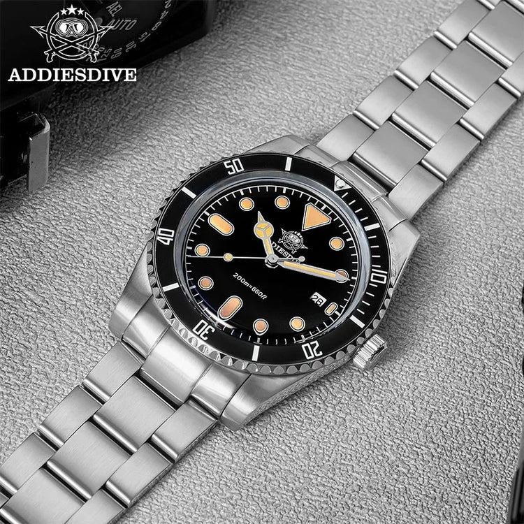 ADDIESDIVE Men's Gift Box Luxury Diver Watch Super Luminous Bubble Mirror Glass Quartz Watch 20Bar Ceramic Bezel Steel Watch