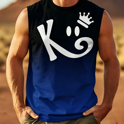 Men's Sleeveless T-Shirt with K Letter 3D Digital Print, Casual Polyester Round Neck Tank Top, Men's Sports Top.