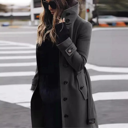 New Solid Color Button Long Wool Coat Autumn Warm Stand Collar Women Coat Fashion Ladies High Neck Pocket Belt Trench Coat