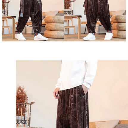 Pantaloni da uomo Kung Fu Tai Chi Pantaloni casual tradizionali da uomo stile cinese retrò allentato fiore scuro drago stampa pantaloni a gamba larga da uomo