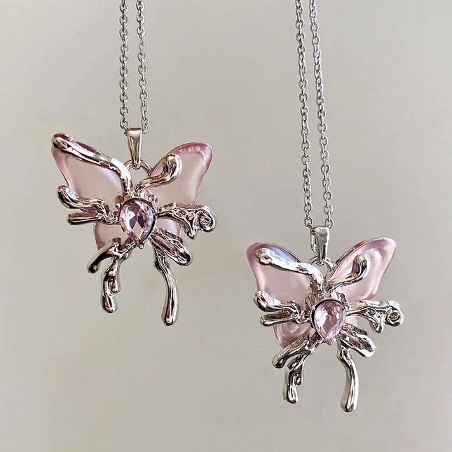 Y2K Sweet Cool Liquid Pink Butterfly Pendant Necklace Female Pink Zircon Water Drop Versatile Necklace Summer New Jewelry PlatiNum