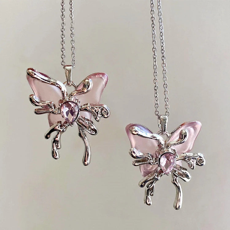 Y2K Sweet Cool Liquid Pink Butterfly Pendant Necklace Female Pink Zircon Water Drop Versatile Necklace Summer New Jewelry PlatiNum