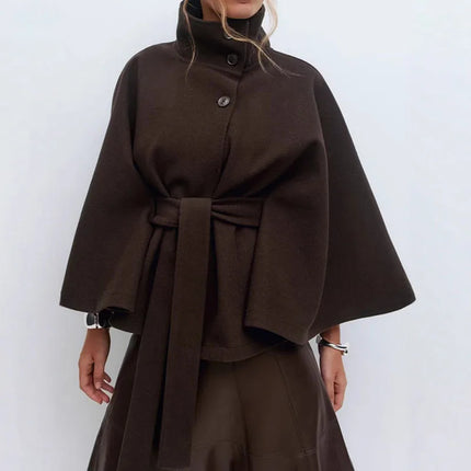Women Lace Up High Neck Jackets For Women With Belt Elegant Windbreaker Faux Wool Blends Cape Street  Solid Windbreaker Cloak