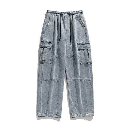 2025 Men's retro camouflage jeans, informal washed wide leg jeans, men's autumn and winter loose pants, old blue multi pocket PlatiNum