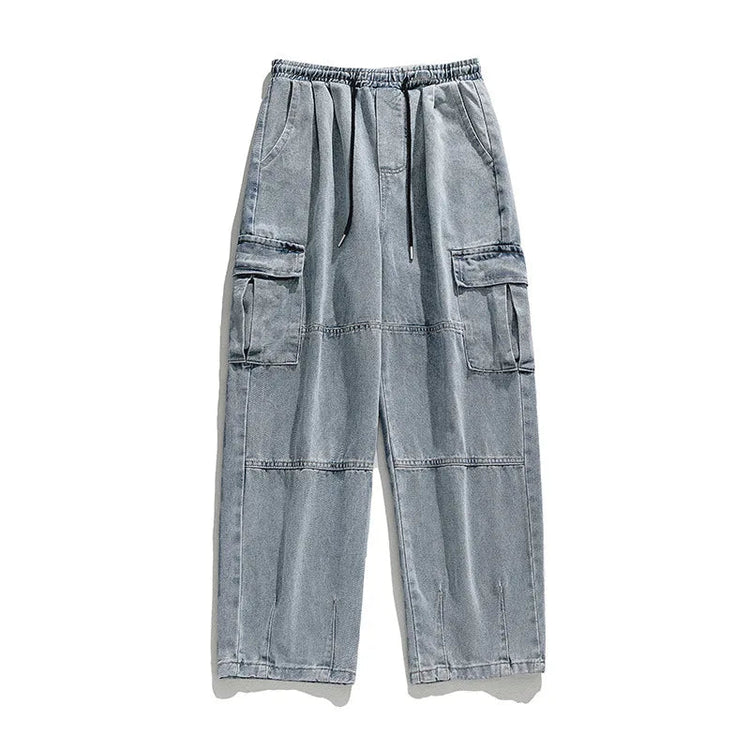 2025 Men's retro camouflage jeans, informal washed wide leg jeans, men's autumn and winter loose pants, old blue multi pocket PlatiNum