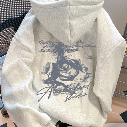 Letter Rose Print Hoodie Men Women Outdoor Street Sports Casual Fashion Trend Long-sleeve Sweatshirt Autumn Winter Top Clothes