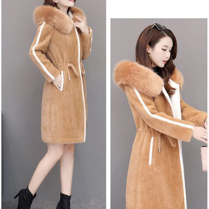 Imitation Mink Fleece Jackets Womens Autumn Winter Thicken Warm Hooded Woolen Coat High End Lady Gold Mink Velvet Wool Overcoat