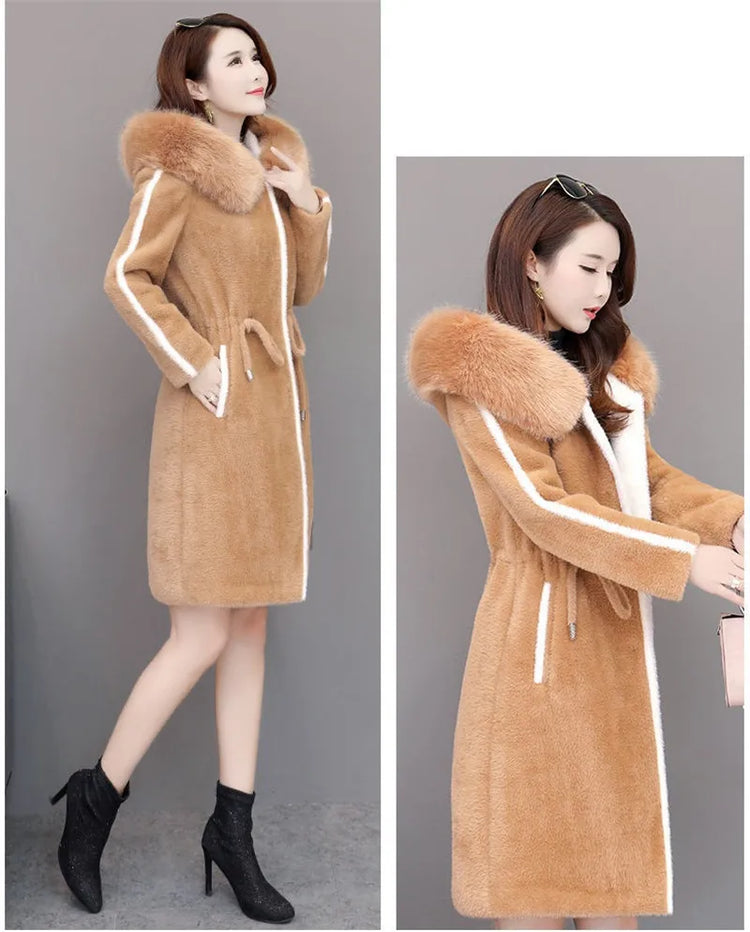 Imitation Mink Fleece Jackets Womens Autumn Winter Thicken Warm Hooded Woolen Coat High End Lady Gold Mink Velvet Wool Overcoat