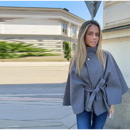 Elegant Wool Blend Cropped Coat With Belt For Women Chic Stand Collar Button Three Quarter Sleeve Jacket 2025 Autumn Outerwear