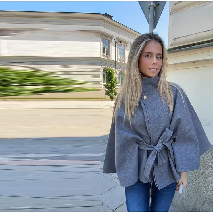 Elegant Wool Blend Cropped Coat With Belt For Women Chic Stand Collar Button Three Quarter Sleeve Jacket 2025 Autumn Outerwear