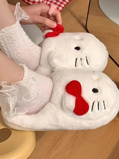 Hello Kitty Women Cute Cartoon Cat Plush Slippe Polka Dot Bow Fluffy Closed Back House Shoes Winter Warm Non Slip Soft Cozy