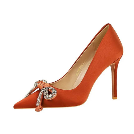 BIGTREE Street Style Lusso Fiocco con strass con punta a punta Tacco sottile Bicchiere da vino in seta Tacchi alti Décolleté da donna