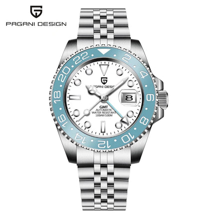 TOP PAGANI DESIGN PD1662 GMT Orologio meccanico automatico da uomo Cinturino in acciaio inossidabile Anello in ceramica blu Quadrante bianco Resistente all'acqua fino a 100 m Orologi da polso sportivi da uomo luminosi per uom