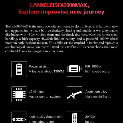 LANKELEISI X2000MAX E-Bicicletta per adulti 2000W 48V20AH City Ebicycle Pneumatico da 20 pollici Non pieghevole Strumento LCD Bicicletta elettrica