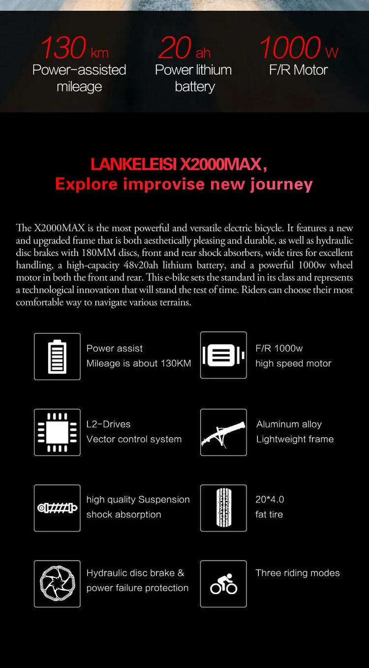 LANKELEISI X2000MAX E-Bicicletta per adulti 2000W 48V20AH City Ebicycle Pneumatico da 20 pollici Non pieghevole Strumento LCD Bicicletta elettrica
