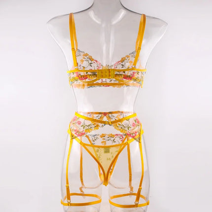 Krasapt Sexy Lace Embroidery 3-Piece Sets Transparent Sensual Fancy Beautiful Bra Brief Set Attractive Intimate Bilizna Outfits