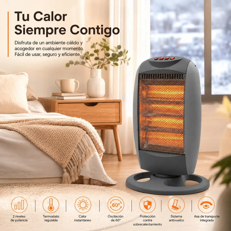 1200W Electric Halogen Heater with Automatic Oscillation and 3 Adjustable Power Levels, Portable Heater with Tip-Over Protection for Home and Office 30x24x42cm